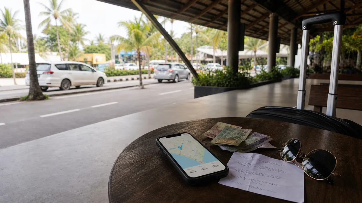Bali transport planning table with phone map, cash and airport road
