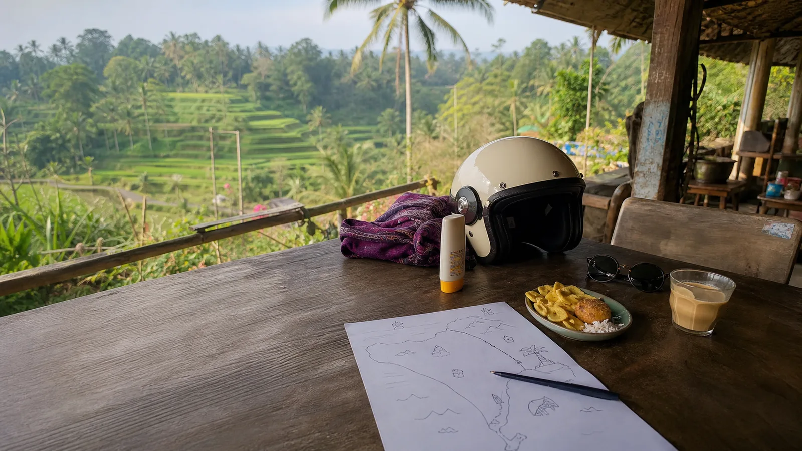 Bali day-planning table with scooter helmet, sarong, sunscreen, coffee and rice terrace view